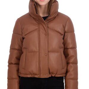 Sebby Collection Faux Leather Puff Bomber Jacket Large Light Chocolate Brown